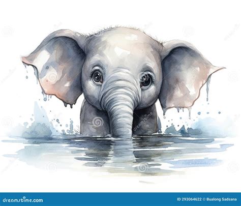 Watercolor of a Little Elephant Drinking Water. Stock Illustration ...