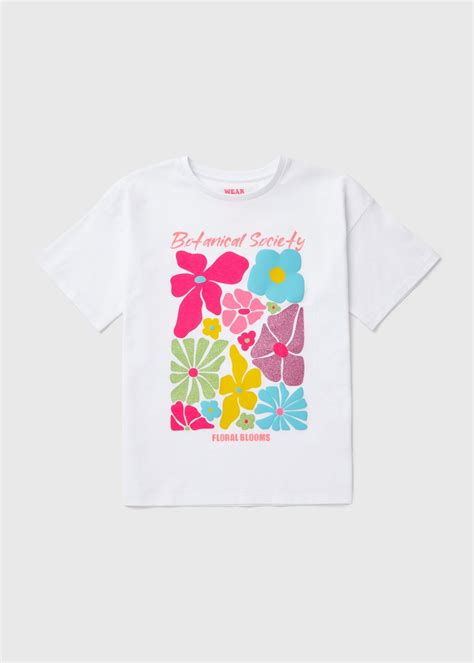 Girls White "Botanical Society" Slogan Flower T-Shirt (7-13yrs) - Matalan