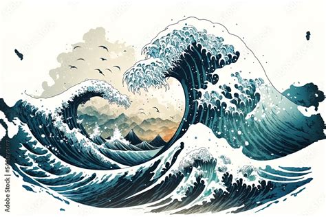 Waves In Japanese Style. Sea Wave, Ocean Wave Splash, Storm Wave. 2D Illustrated Illustration ...