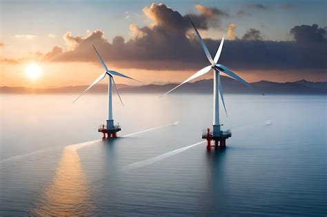 Premium Photo | Wind turbines in the ocean with a sunset in the background