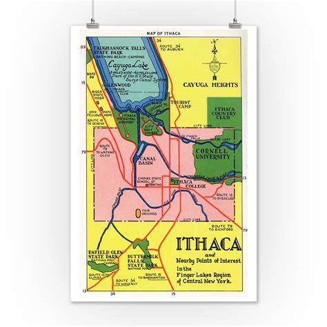 Ithaca, New York - Detailed Map Postcard of Ithaca and Nearby Points of Interest (12x18 Art ...