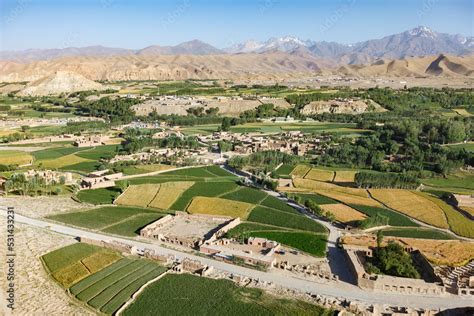 Afghanistan, Bamiyan (also spelled Bamian or Bamyan), elevated view on ...