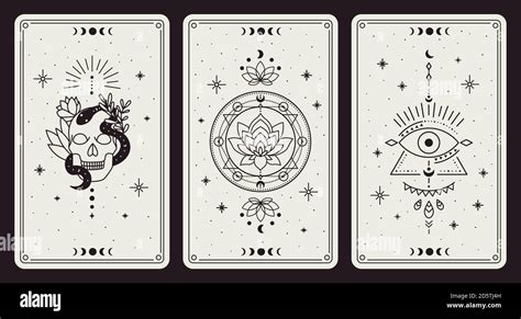 Magic occult cards. Vintage hand drawn mystic tarot cards, skull, lotus ...