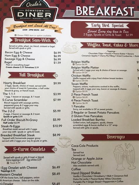 Menu at Ocala Downtown Diner restaurant, Ocala