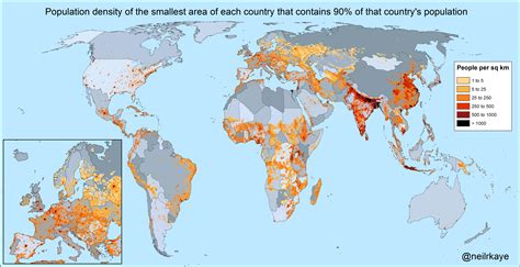 Population density of the smallest area of each country that contains 90% of that country's ...