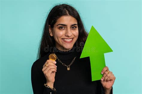 Indian Woman Winner Holding Arrow Sign Pointing Up Showing Golden Bitcoins Cryptocurrency Mining ...