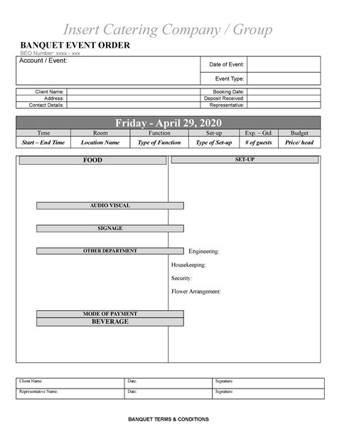 Banquet Event Order Template summary - Insert Catering Company / Group ...
