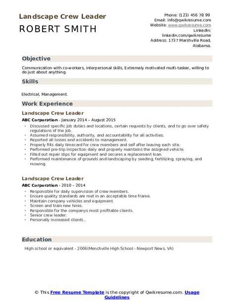 Landscape Crew Leader Resume Samples | QwikResume