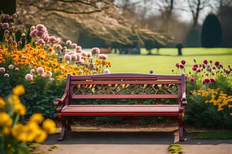 Premium AI Image | A park bench with flowers and a park in the background