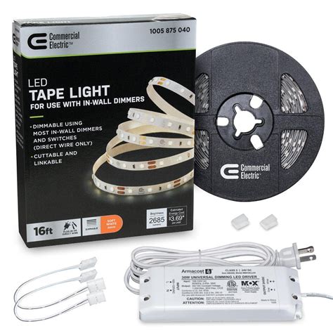 16 ft. LED AC Dimmable White Tape Light Kit Under Cabinet Light ...