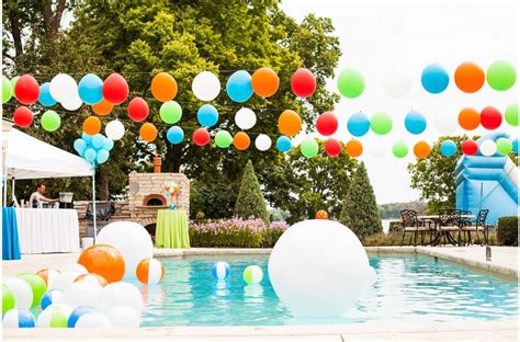 I like the idea of stringing balloons! | Pool party kids, Pool party decorations, Graduation ...