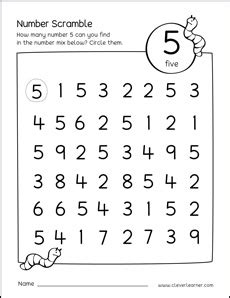 Number scramble activity worksheet for number 5 for preschool children