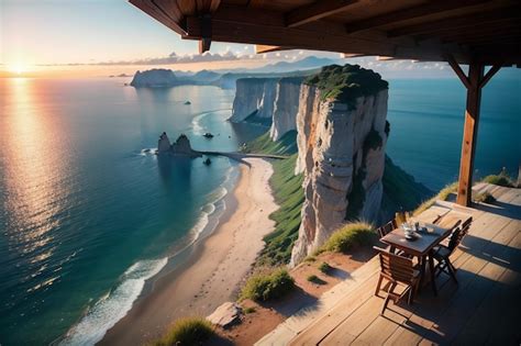 Premium Photo | A balcony with a view of the sea and a beach.