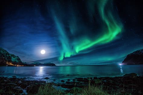 Wallpaper Lofoten Norway polar light Nature Moon landscape