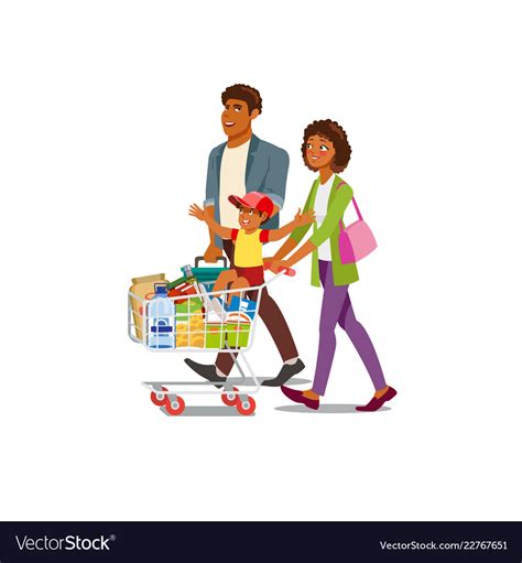 Family buying food in grocery store cartoon Vector Image