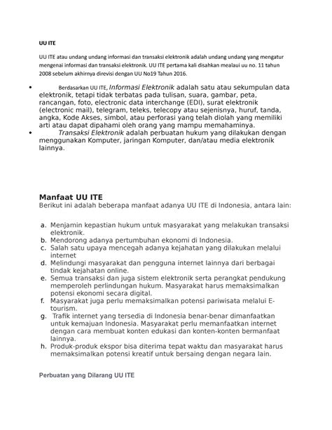 UU ITE - UU ITE atau undang undang informasi dan transaksi elektronik adalah undang undang - Studocu