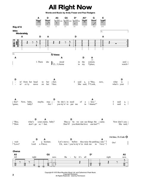 All Right Now by Free Sheet Music for Guitar Cheat Sheet at Sheet Music Direct