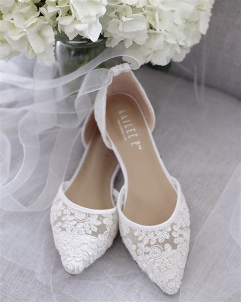 White Crochet Lace Pointy Toe Flats Women Wedding Shoes, Bridesmaid ...