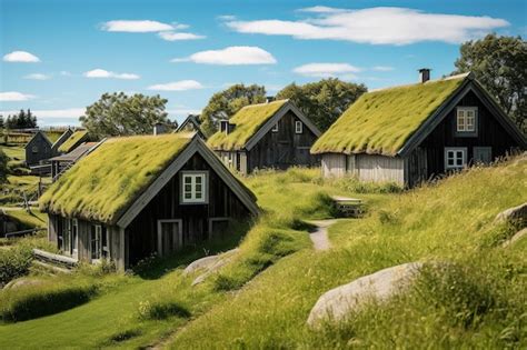 Premium AI Image | Nordic Village Turf Roof Houses Modern EcoArchitecture