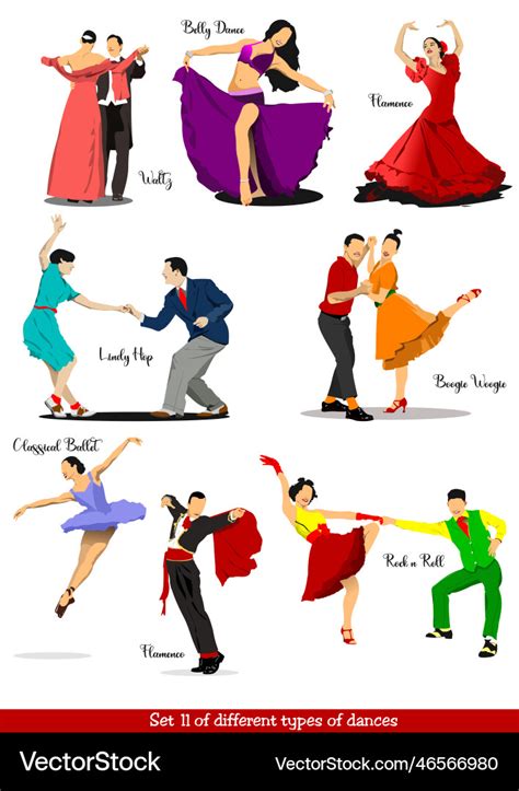 Set of different types dances 3d color Royalty Free Vector