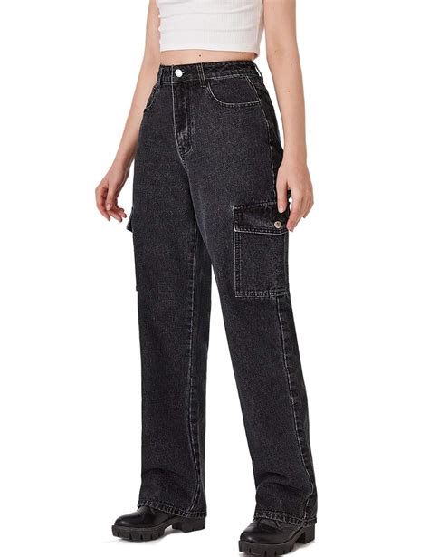 Buy MUMUBREAL Women's High Waist Baggy Jeans Flap Pocket Side Relaxed Fit Straight Wide Leg ...