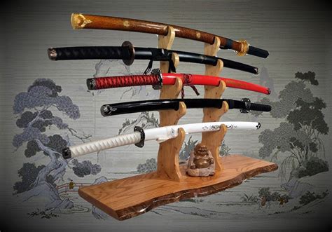 Solid Rustic Oak Katana Sword Stand, Hickory Holders, Mantel Desk Top Japanese Samurai Decor ...