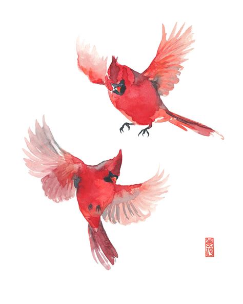 Spring Cardinals Watercolor Painting Fine Art Giclee Print / Flying Birds Painting / Red Birds ...