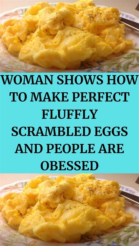 two plates with scrambled eggs on them and the words woman shows how to make perfect fluffy ...