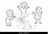 Coloring Book Two Boys And A Girl Are Jumping While playing hopscotch  sketch template