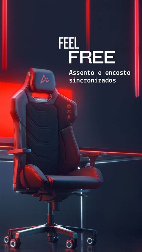 a gaming chair sitting in front of a red neon sign that reads, feel free