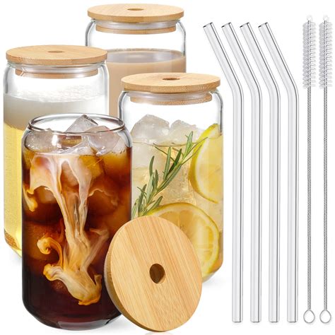 Drinking Glasses with Bamboo Lids and Glass Straw 4pcs Set - 16oz Can Shaped Glass Cups, Beer ...