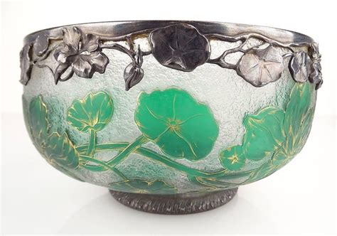 1890s Daum Nancy Art Nouveau Bowl with Squash Blossom, Silver Overlay, 1900s For Sale at 1stDibs