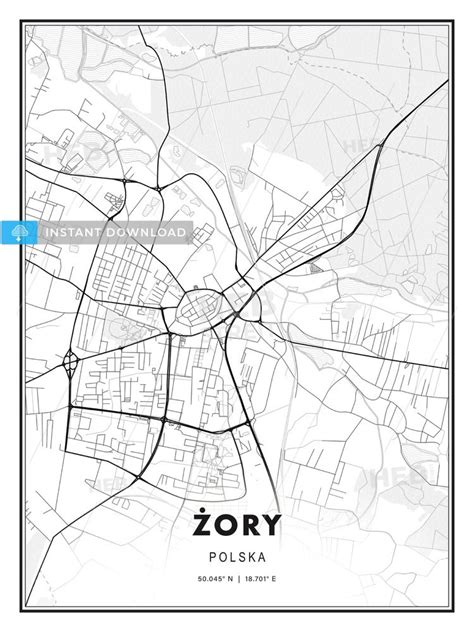 a black and white map of the city of zory, poland with roads