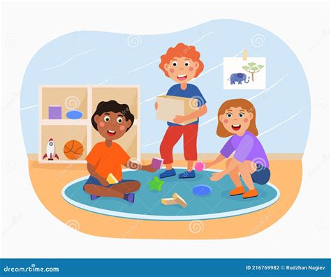 Little Happy Kids are Helping To Pick Up Toys and Put in a Container Stock Vector - Illustration ...