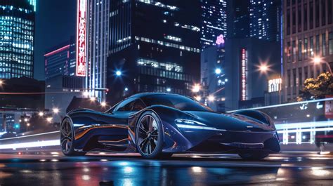 Futuristic 2023 McLaren Speedtail in Sleek Midnight Blue under City Lights