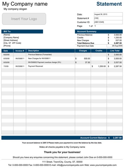 Printable Account Statement Template for Excel