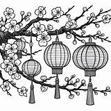 Chinese Lanterns Hanging On A Tree Branch With Blossoms 🏮🌳🌸 Coloring Page sketch template