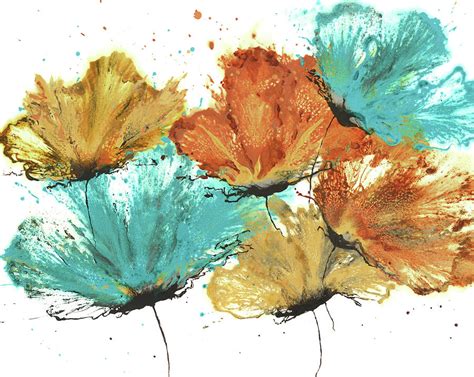 Abstract Flowers Bouquet Teal Orange Yellow Painting by Catherine Jeltes