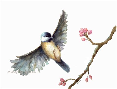 Bird watercolor print/ Flying Chickadee watercolor print 8x10/