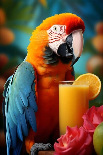 Premium Photo | Red and yellow macaw with orange juice Generative AI