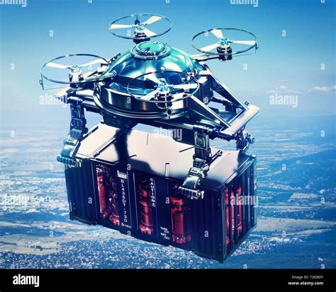 Sci-fi drone cargo with container freight flying above future city ...