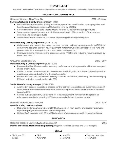 Manufacturing Quality Engineer Resume Example for 2023 | Resume Worded