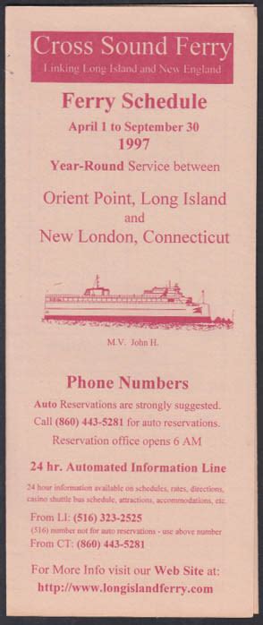 Cross Sound Ferry Orient Point-New London Schedule 4/1-9/30 1997