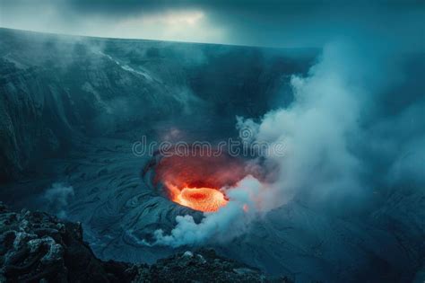 Majestic Volcanic Eruption at Twilight with Lava Flow and Smoke Under Moody Skies Stock Photo ...