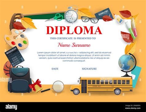 Diploma, school education certificate template, vector preschool and ...