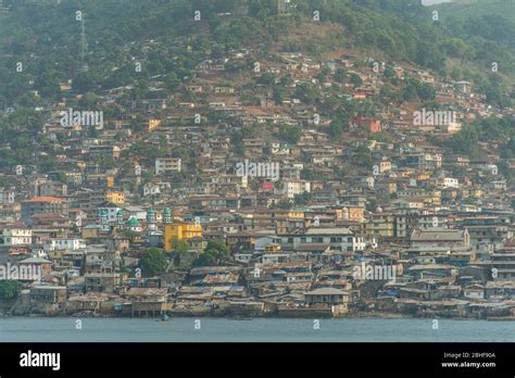 View from sea of Freetown, the capital city of Sierra Leone with slums on the waters edge Stock ...