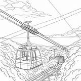 Coloring Page Cable Car Ascending Through A Mountainous Landscape  sketch template