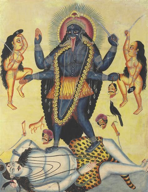 A large kalighat painting of Kali trampling upon Shiva , INDIA, KOLKATA ...