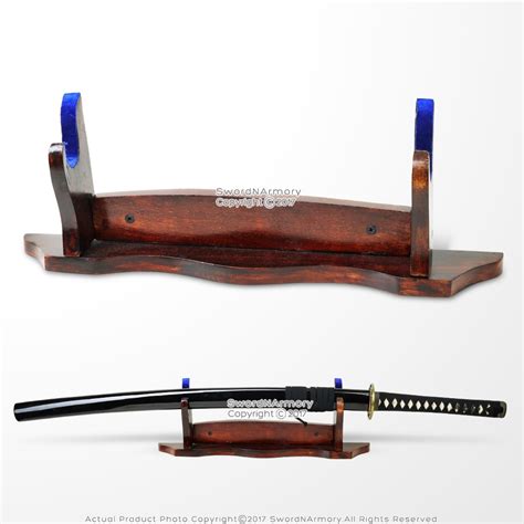 One Tier Samurai Katana Wakizashi Sword Display Stand Solid Wood w/ Blue Velvet