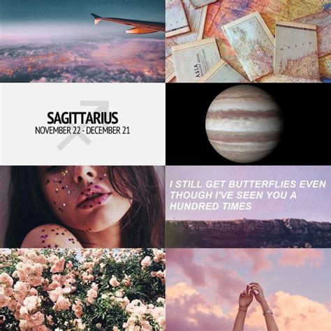 there is a collage of pictures with flowers and planets in the background that says sagittarius ...